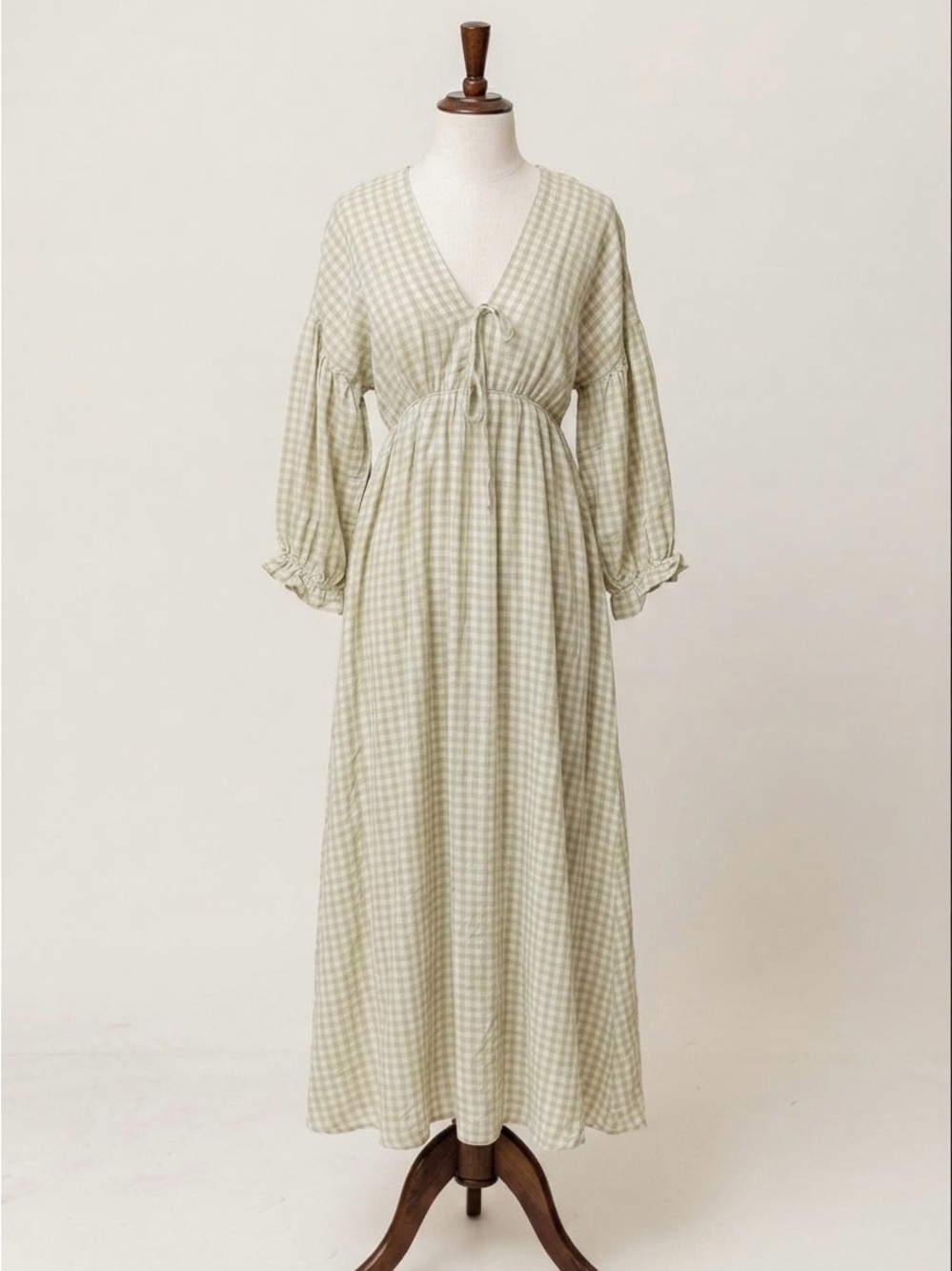 Light Sage Green Gingham Midi Dress